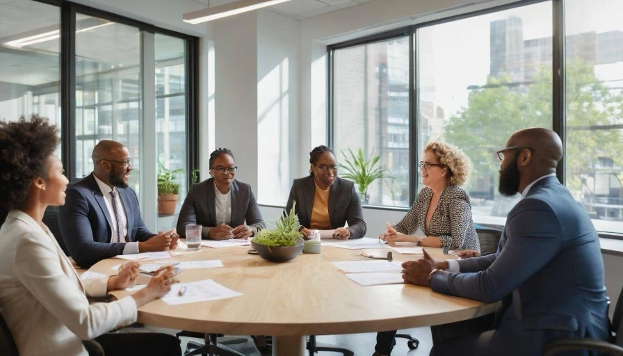 team of people collaborating in a conference room